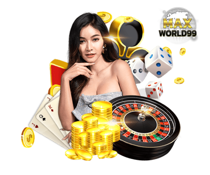 ภาพแบนเนอร์คาสิโนออนไลน์ มีหญิงสาวยืนโพสท่ามั่นใจ รายล้อมด้วยเหรียญทอง กองชิป รูเล็ต ไพ่ และลูกเต๋า พร้อมโลโก้ MAXWORLD99 สื่อถึงความหรูหราและการลุ้นรางวัลใหญ่